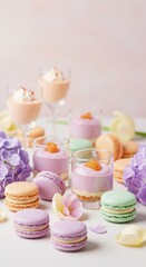 Pastel macarons and mousse dessert display