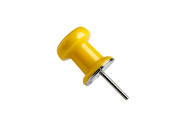 Bright yellow push pin with sharp metal point on white background.