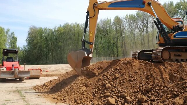 backhoe working by digging soil at construction