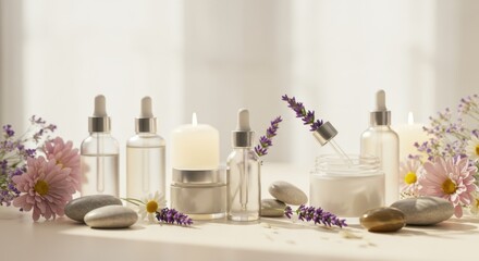 Skincare products arrangement on light surface