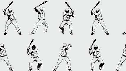 Fototapeta premium Repetitive pattern featuring baseball players in various batting stances on a light background art work silhouette