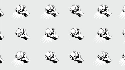 Seamless pattern of hands holding baseballs with motion lines on a light gray background design element silhouette