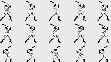 Fototapeta premium Repetitive pattern of baseball players in batting stance with vintage uniforms against a light gray backdrop silhouette
