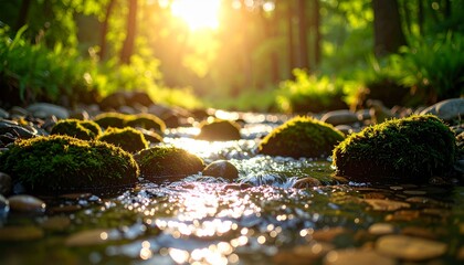Fototapeta premium Golden sunlight filters through a lush forest, illuminating a tranquil stream flowing over mossy rocks.