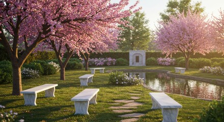Spring garden scene with blossoming trees