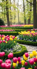 Springtime tulip garden pathway