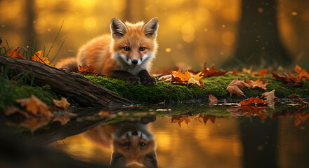 Naklejka premium Curious fox perched on mossy log beside reflecting water