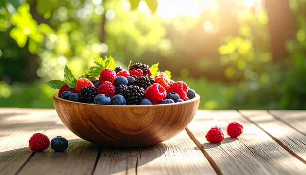 A wooden bowl of fresh mixed berries sits on a rustic table in a sunlit garden.