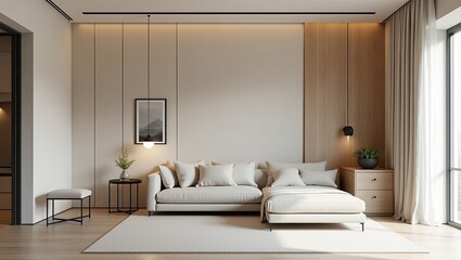 A modern living room featuring a light beige sectional sofa and wooden accents.