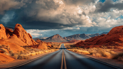 Open road through desert landscape under dramatic, stormy sky