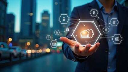 Hand holding a holographic interface displaying interconnected business icons.