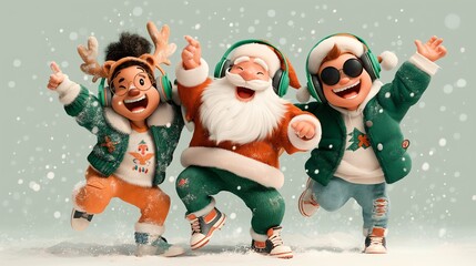Santa clause and his friends celebrating christmas. Christmas Crew Dancing in the Snow.