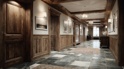 Hallway with stone tile floor and wood paneling.