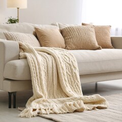 Cable-knit throw blanket draped on an off-white couch with neutral pillows