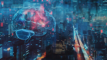 "Brain scan overlay on frenetic cityscape