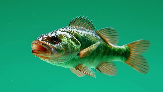 A large mouth bass swimming in the water with its mouth wide open against a green background green screen animal video