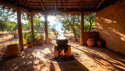 A steaming pot cooks over an open fire on the earthen floor of a rustic, sunlit shelter.