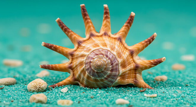 Spiky conch shell resting on turquoise sandy beach with small shells