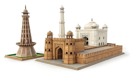 Miniature models of historical landmarks isolated