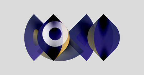 Abstract shapes overlap, creating dynamic composition. Dark blues, gold tones dominate neutral background. Modern design elements present.
