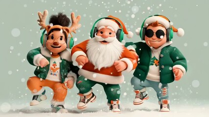 Santa clause and his friends celebrating christmas. Christmas Crew Dancing in the Snow.