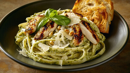 Fototapeta premium Delicious grilled chicken pesto fettuccine pasta with fresh basil, parmesan cheese, pine nuts, and garlic bread on a plate
