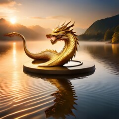 Naklejka premium dragon sculpture floating above calm lake at sunrise__ 