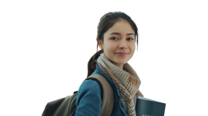 A young woman with a scarf and backpack smiles while holding a notebook, exuding a friendly and approachable demeanor.