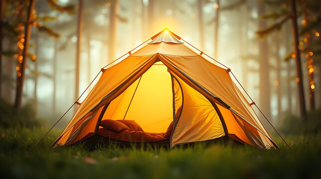 An inviting orange camping tent glows with warm light set against a serene misty forest background during sunset casting a magical ambiance for outdoor adventure
