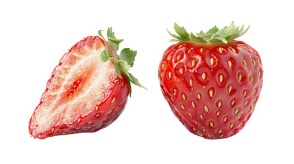 A vibrant red strawberry is shown whole alongside a sliced piece, highlighting its juicy texture and seeds.