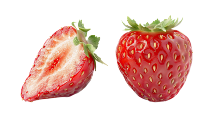 A vibrant red strawberry is shown whole alongside a sliced piece, highlighting its juicy texture and seeds.