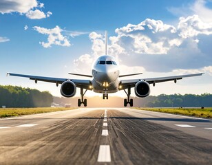 Airplane landing on runway, low angle