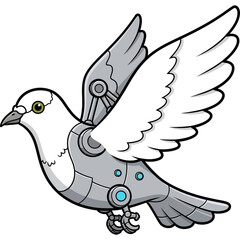 Mechanical dove of peace in flight, a futuristic cyborg bird symbolizing the blend of nature and modern technology.