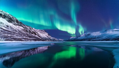 Naklejka premium lights over icy landscape with calm water reflection__ 