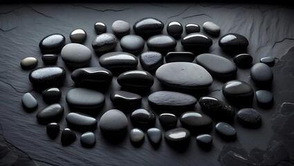 Obraz premium Smooth Natural Stones Arranged on Dark Slate Surface
