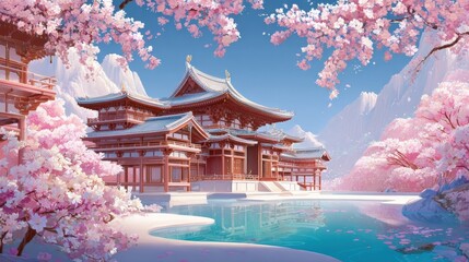 A beautiful Japanese scene featuring a traditional temple surrounded by cherry blossoms,mountains,and a serene lake.