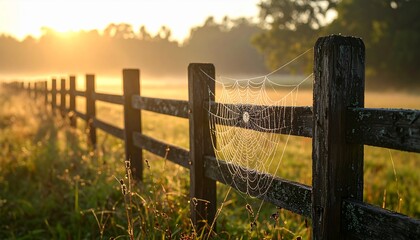 Golden sunrise light illuminates a spiderweb on a rustic wooden fence in a misty country meadow.