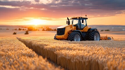 Fototapeta premium A golden sunset casts a warm glow over a field of wheat,with a yellow tractor ready for harvest.