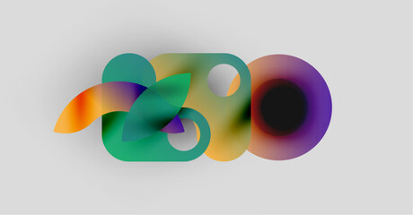 Abstract colorful design features blurred shapes forming 3D text. Gradient hues blend, creating dynamic visual impact. Simple background enhances focus.