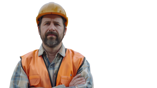 A construction worker wearing an orange vest and yellow hard hat, standing with arms crossed and a serious expression.