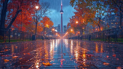 Toronto in Rain with Fall Foliage and CN Tower Reflections