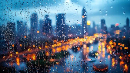 Cityscape with Raindrops on Window and Blurred Night Lights