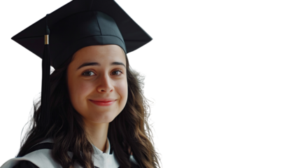 A smiling graduate wearing a cap and gown, expressing joy and accomplishment.