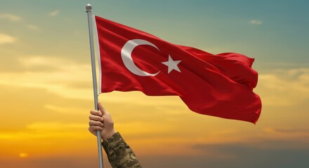 Turkish Flag in the wind:  A hand triumphantly holds aloft the vibrant Turkish flag against a backdrop of a sky, symbolizing patriotism and national pride.