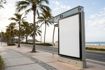 Mockup blank billboard on sidewalk near tropical beach with palm trees. Modern white empty signboard perfect for outdoor advertisement, marketing, and commercial promotion in urban coastal settings.