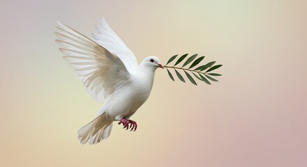 Obraz premium White Dove Flying Holding Olive Branch Symbol of Peace and Harmony