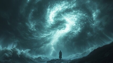 Fototapeta premium Dark Stormy Sky with Powerful Waves and Mysterious Silhouette