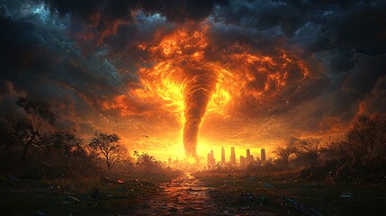 Dramatic Tornado and Fiery Sunset Over a Cityscape Landscape