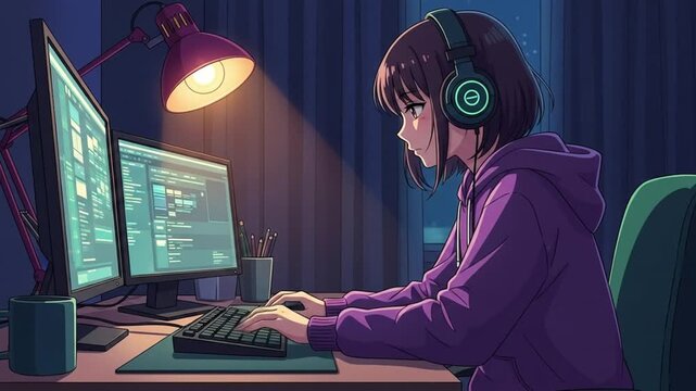 Anime Girl Coding Late Night, Focused on Computer Screens