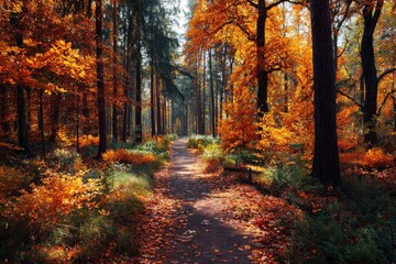 Obraz premium Autumnal forest path bathed in sunlight